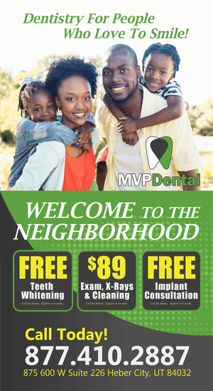 Dental advertisement welcoming new neighbors with offers for free teeth whitening, $89 exam, X-rays and cleaning, and free implant consultation for new patients.
