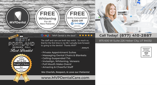 MVP Dental promotional ad featuring free whitening for all new patients, free Invisalign consultation with $200 off, and accolades including 'Best of Portland' and 'People's Choice'.