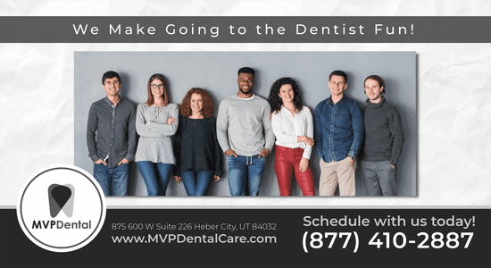 MVP Dental team promotional ad promoting dentistry as fun, featuring a diverse group of smiling adults in a casual setting, highlighting the welcoming nature of MVP Dental.
