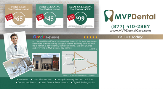 Advertisement for MVP Dental showcasing new patient specials, including exams and cleanings for adults, with a Google review from Lorain S. praising Dr. Doe's services.