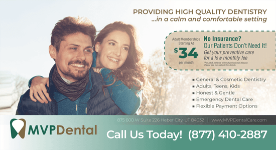 Promotional material for MVP Dental outlining adult membership plans starting at $34 per month and emphasizing high-quality, honest, and gentle dental care available for all family members.