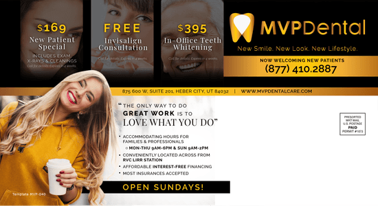Advertisement for MVP Dental highlighting special offers for new patients, including $169 for exams, X-rays, and cleanings, free Invisalign and implant consultations, and a motivational quote.