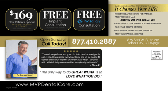 MVP Dental promotional flyer highlighting a grand opening offer with a $169 special for new patients, free implant consultation, and free Invisalign consultation. Includes a smiling family portrait, reflecting the inclusive family-friendly dental services.