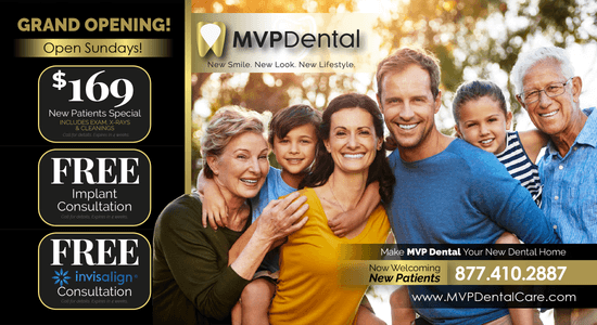 Advertisement for MVP Dental showing special new patient offers including exams, cleaning, and discounts on Invisalign. Features a vibrant, family-oriented image with parents and children smiling together, emphasizing family dental care.