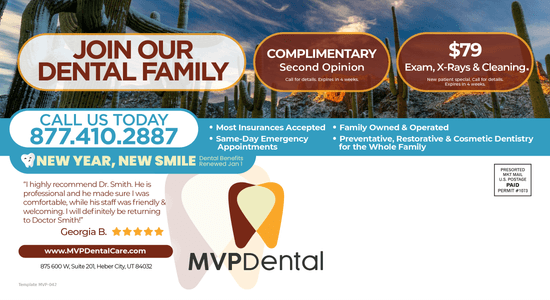 Promotional banner for MVP Dental offering $79 exam, X-rays, and cleaning, featuring a scenic desert backdrop with cacti, and highlighting family-owned, comprehensive dental services.