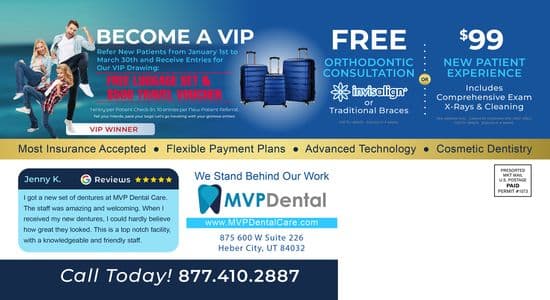 Promotional MVP Dental image showing a couple jumping with joy, promoting a VIP referral campaign with benefits like a free luggage set and a $500 travel voucher. Features a $99 new patient experience and free orthodontic consultation, highlighted with excellent patient review quotes.