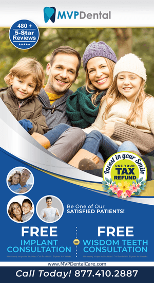 MVP Dental advertisement featuring a family enjoying a day outdoors, promoting dental services with a focus on family and cosmetic dentistry. Offers include a $99 exam, X-rays, and cleaning package, and free whitening for life, emphasizing a welcoming environment for new patients.