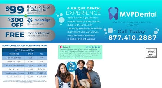 A detailed offer advertisement from MVP Dental featuring a $99 cleaning package, $300 off Invisalign, and a free consultation, emphasizing their modern dental services and benefit plans.