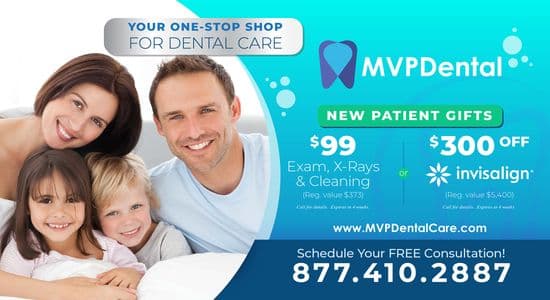 MVP Dental promotional banner showcasing $99 exam and cleaning special, $300 off Invisalign, and images of a happy family enjoying dental services, encouraging new patient sign-ups.