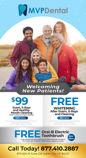 MVP Dental promotional poster for welcoming new patients with special offers including $99 exams and X-rays, and free teeth whitening and Oral-B electric toothbrush, featuring a joyful family enjoying outdoor time together