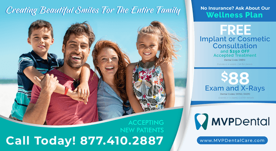 Modern dental services advertisement from MVP Dental showcasing an $88 exam and X-Rays offer and a $500 discount on Invisalign treatment.