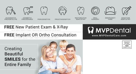 Promotional dental flyer from MVP Dental featuring free new patient exam and ortho consultation offers, with icons for various dental services.