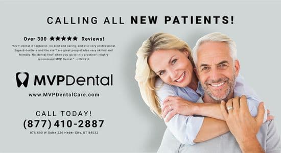 MVP Dental advertising calling all new patients with over 300 five-star reviews, featuring an image of a smiling elderly couple.
