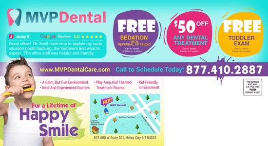 A colorful advertisement for MVP Dental showcasing their child-friendly services and special discounts on dental treatments.