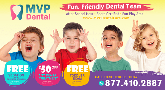 A promotional banner for MVP Dental featuring various special offers including discounts on treatments and free services.