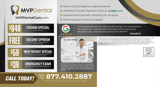 Promotional graphic for MVP Dental showing discounts on dental services including a crown special, second opinion, and emergency exams, with Dr. John Smith featured.