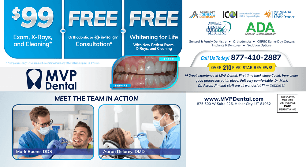 MVP Dental promotional material featuring $99 Exam, X-Rays, and Cleaning special, Free Orthodontic or Invisalign consultation, and Whitening for Life. Also includes images of dental team members Mark Boone and Aaron Delorey in action.