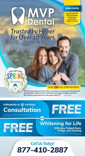 Spring promotional flyer for MVP Dental offering a Free Orthodontic or Invisalign consultation or Whitening for Life with a new patient exam, X-Rays, and cleaning. Features a family smiling and a COVID-19 notice highlighting safety protocols.