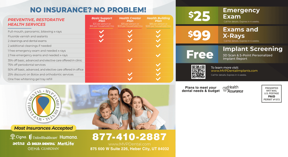 MVP Dental advertisement showcasing preventive, restorative health services and various dental plans with family-friendly imagery.