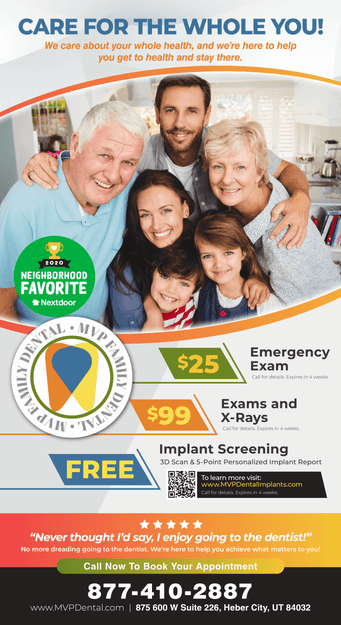 Promotional flyer for MVP Dental highlighting emergency and regular dental exams with discounts on services, featuring a happy family in an autumn setting.