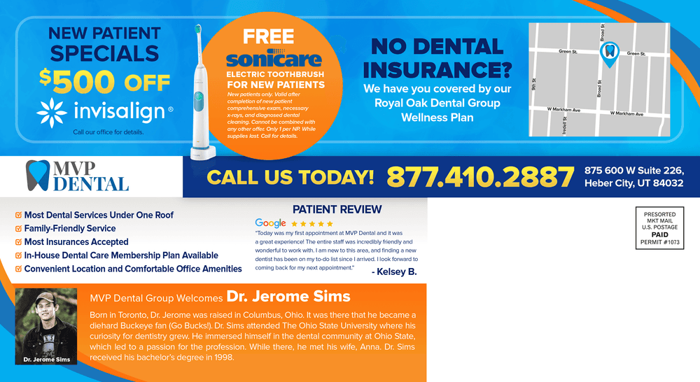 MVP Dental advertising New Patient Specials with $500 off Invisalign and a free Sonicare toothbrush offer. Also features testimonials and details about insurance acceptance and family-friendly service.