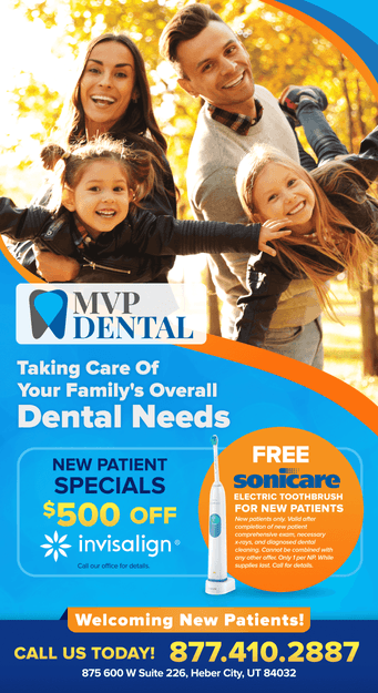 MVP Dental welcoming new patients with special offers including $500 off Invisalign and a free Sonicare toothbrush. Image shows a happy family enjoying autumn outdoors.