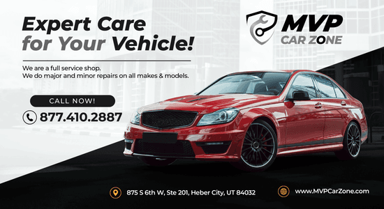 Advertisement for MVP Auto Services highlighting expert vehicle care, featuring a red sports car and details of services offered like major and minor repairs for all makes and models, alongside contact information.