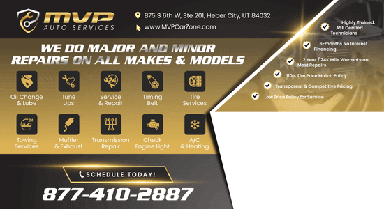MVP Auto Services ad featuring a list of services such as oil change, tune-ups, and tire services, along with contact information and service highlights.