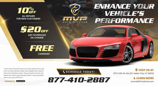 Promotional advertisement for MVP Auto Services showcasing a red sports car, highlighting discounts on repairs, oil changes, and a free car wash for new customers.