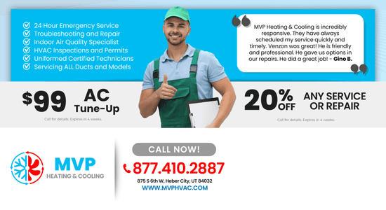 Advertising image for MVP Heating & Cooling emphasizing customer comfort and satisfaction with a $99 full AC tune-up offer. The image features a happy family enjoying their home, symbolizing the comfort provided by MVP services.