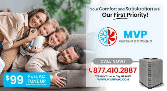 Advertising image for MVP Heating & Cooling emphasizing customer comfort and satisfaction with a $99 full AC tune-up offer. The image features a happy family enjoying their home, symbolizing the comfort provided by MVP services.