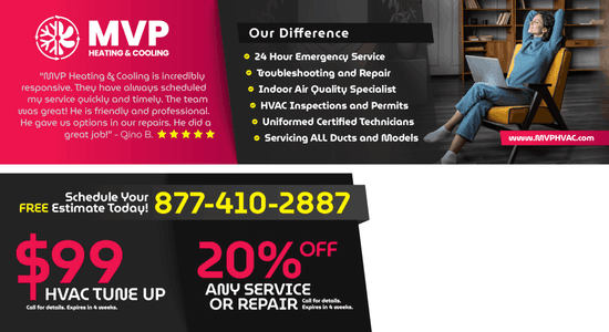 Promotional HVAC services flyer showing offers, including $99 tune-up and 20% off any service, with text praising MVP Heating & Cooling for their responsiveness and service.