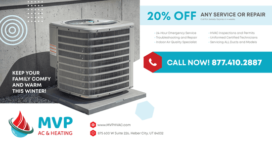 Promotional HVAC services advertisement featuring a central air conditioning unit, emphasizing 20% off any service or repair with a call to action, set against a modern architectural background.