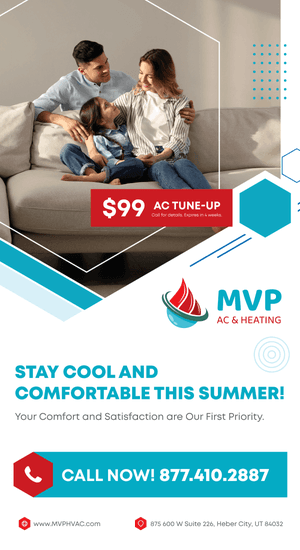HVAC services advertisement showcasing a family comfortably relaxing at home, highlighting a $99 AC tune-up offer with a call to action, aiming to ensure comfort and satisfaction during summer.
