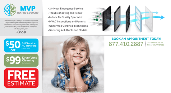 Promotional HVAC advertisement from MVP Heating & Cooling offering $99 AC Tune-Up with visual depiction of clean and fresh indoor environment, emphasizing comfort and satisfaction with their services.