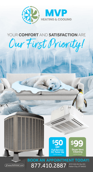 Promotional HVAC advertisement from MVP Heating & Cooling offering $99 AC Tune-Up with visual depiction of clean and fresh indoor environment, emphasizing comfort and satisfaction with their services.