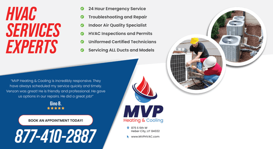 MVP Heating & Cooling service advertisement highlighting 24-hour emergency services, troubleshooting, and repair, with customer testimonial from Gino B praising responsive and professional service.