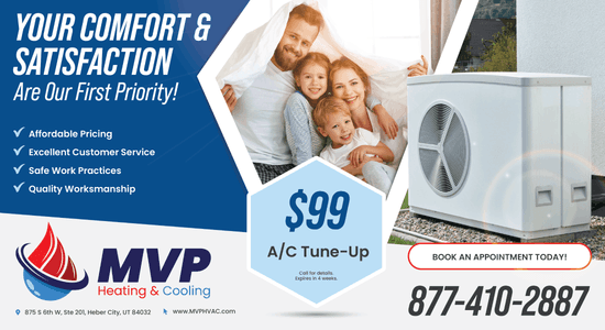 MVP Heating & Cooling promotional banner for an A/C tune-up at $99, emphasizing comfort, satisfaction, and family-friendly services with an image of a happy family and an outdoor A/C unit.
