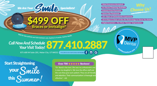 MVP Dental promotional poster offering $499 off on Braces or Invisalign with services like exams and x-rays, detailing insurance and financing options, with vibrant summery background and images of happy people.