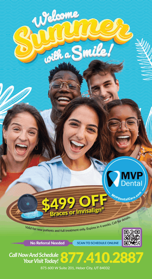 Welcome summer with a smile poster by MVP Dental featuring a $499 discount on Braces or Invisalign, showcasing a diverse group of joyful people smiling and celebrating summer.