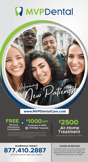 Promotional flyer from MVP Dental welcoming new patients, featuring a diverse group of happy individuals in a city setting. Offers include a free personal orthodontic consultation, $1000 off treatment with a free Invisalign® upgrade, and $2500 for at-home treatment. Contact information and a COVID-19 notice emphasizing safety are also provided.