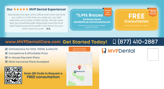MVP Dental orthodontic promotional flyer highlighting a $3,995 braces package with no money down, includes free exams, and an invitation for a free consultation. Blue and orange design with images of smiling people wearing braces.
