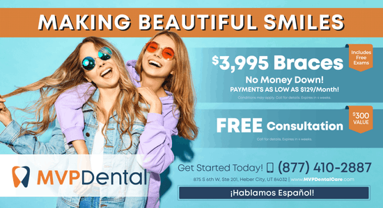 Bright and cheerful MVP Dental flyer promoting $3,995 braces with conditions such as no money down and payments as low as $129/month, includes a free consultation. Features happy, smiling individuals enjoying outdoors