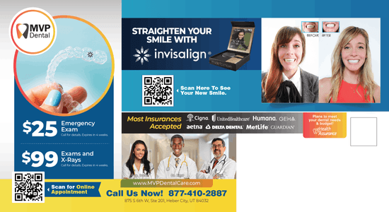 MVP Dental promotional material showing a $25 emergency exam, $99 exams and x-rays, and a QR code for online appointments. Includes images of a dental aligner, team doctors, and before/after photos of dental treatment.