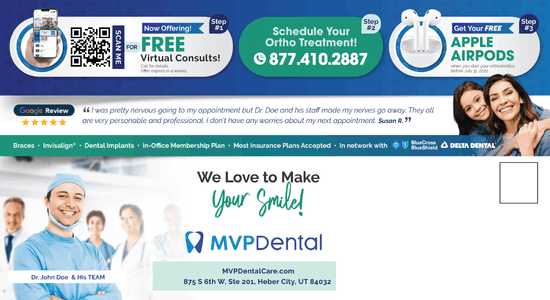 MVP Dental informational ad featuring a dental savings plan and free consultations, showing a list of services and savings benefits.