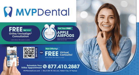 Welcoming advertisement from MVP Dental featuring a young family smiling, promoting the dental care plan for both adults and children.