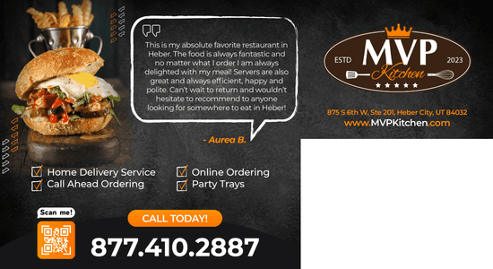 MVP Kitchen promotional banner featuring a delicious burger and offering a discount, stating MVP Kitchen as the best in town for burgers.