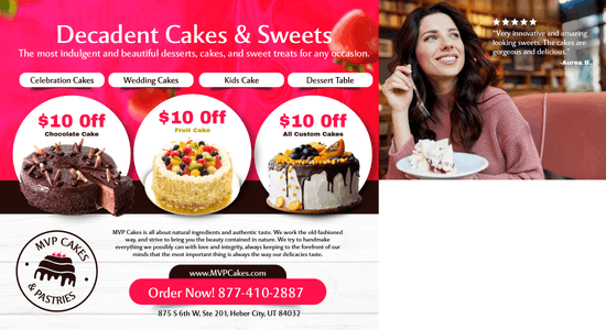 Promotional image for MVP Cakes showcasing discounts on chocolate, fruit, and custom cakes, featuring images of each type of cake.