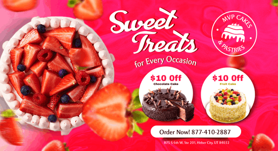 Advertisement for MVP Cakes offering $10 off chocolate and fruit cakes with vibrant images of various decorated cakes