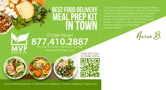 Advertisement for MVP Ketogenic Diet Meal Prep Kits featuring a variety of healthy dishes, with an offer to order now and a customer testimonial from Aurea B. praising the meal quality.